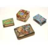 Group of cloisonne wares comprising a cigarette case with typical enamel decoration, two matchbox