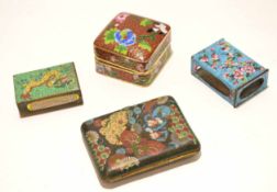 Group of cloisonne wares comprising a cigarette case with typical enamel decoration, two matchbox