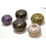 Collection of five cloisonne circular boxes and covers with various floral enamel decoration and