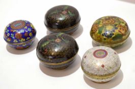 Collection of five cloisonne circular boxes and covers with various floral enamel decoration and