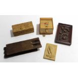 Group of wooden boxes and book ends and carved oak panel with floral design (6)