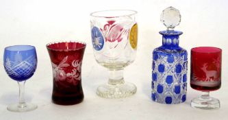 Group of Bohemian style glass wares including a Bohemian cut glass goblet, scent bottle with
