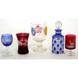 Group of Bohemian style glass wares including a Bohemian cut glass goblet, scent bottle with