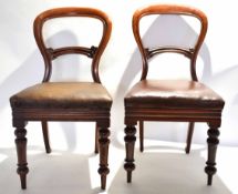 Set of four Victorian mahogany balloon back dining chairs, brown faux leather seats