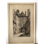 Elsie V Cole, signed black and white etching, "St Faith's Lane, Norwich", 25 x 16cm