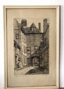 Elsie V Cole, signed black and white etching, "St Faith's Lane, Norwich", 25 x 16cm