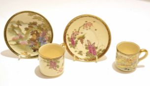 Group of two Satsuma earthenware coffee cans and saucers, one decorated with Samurai and scenic