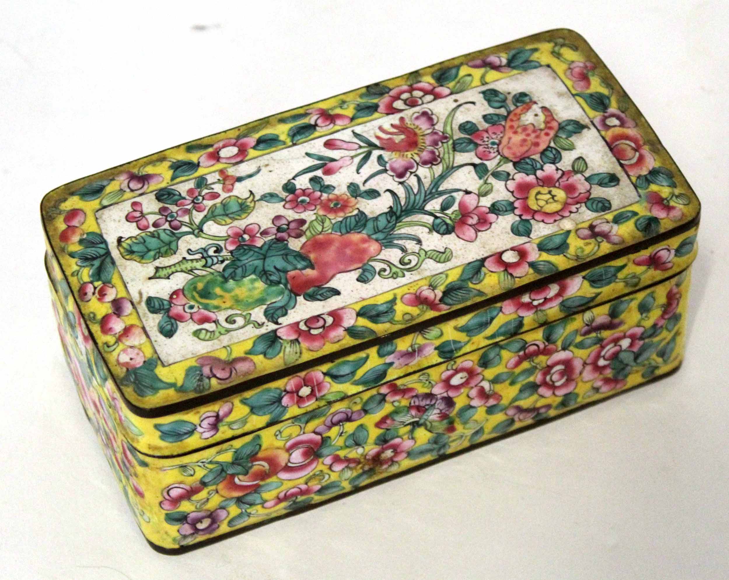 Chinese cloisonne rectangular box and cover, the yellow ground enamel decorated in a famille rose