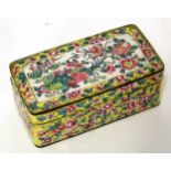 Chinese cloisonne rectangular box and cover, the yellow ground enamel decorated in a famille rose