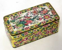 Chinese cloisonne rectangular box and cover, the yellow ground enamel decorated in a famille rose