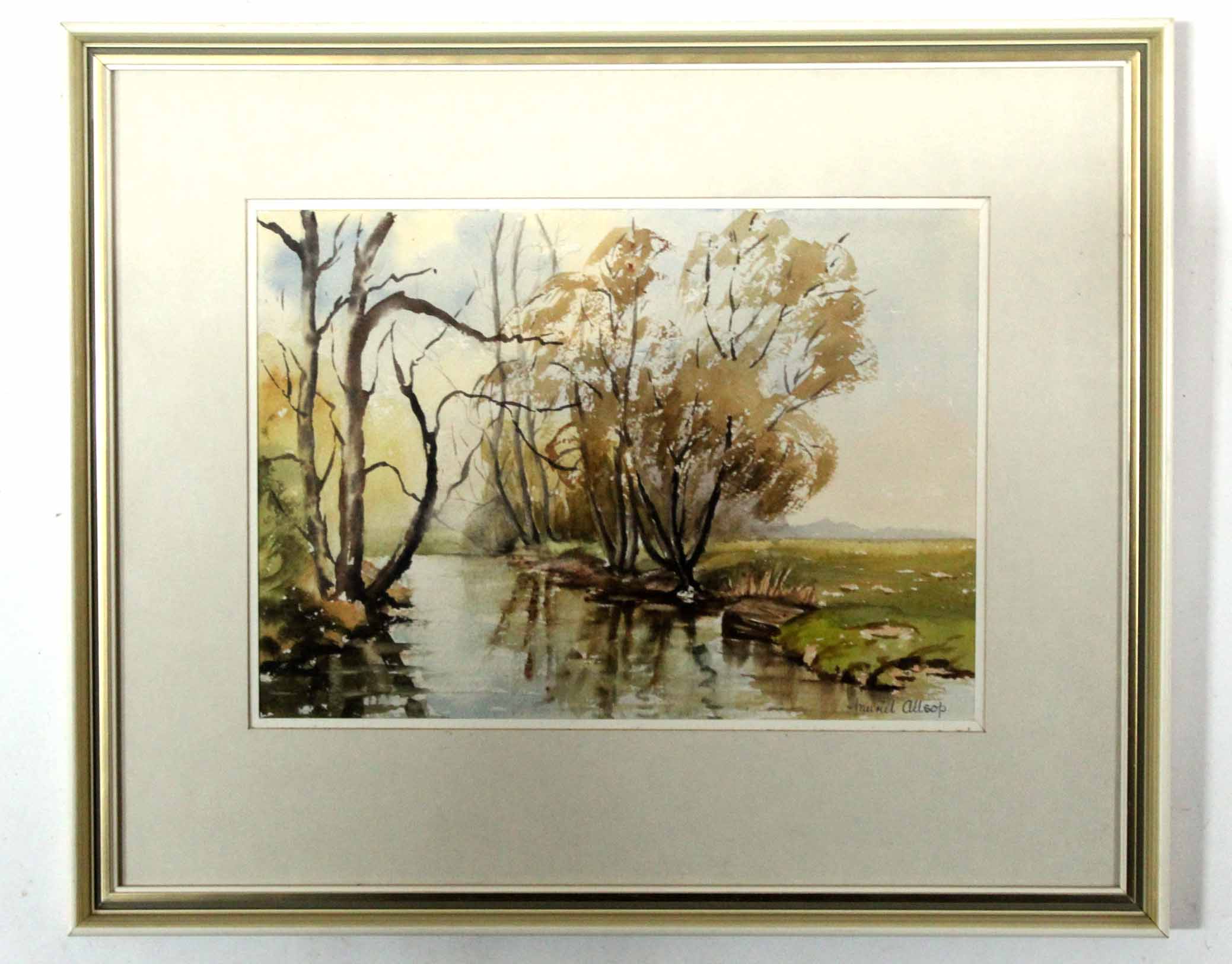 Miriel Allsop, signed two watercolours, "Thames barges at Pin Mill" and "The Nar at Castle Acre",