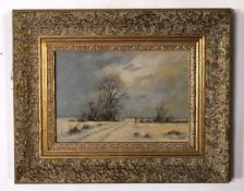 James Wright, signed oil on board, inscribed verso "Snow in the Fens", 16 x 24cm