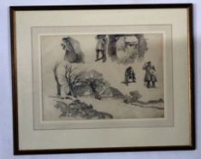 Indistinctly signed and dated 1930, pencil drawing, vignette studies of figure and landscape, 29 x