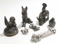 Group of metal animal models including a fledgling, a dog seated and pair of Oriental models of