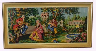 Large French wool work picture of 18th century figures in a garden scene within rectangular wooden