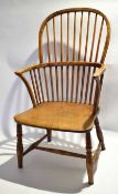 19th century stick back solid seat kitchen armchair with spindle back and H stretcher