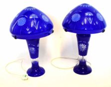 Pair of blue glass lamps and shades with an etched floral design to shades and lamp