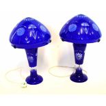 Pair of blue glass lamps and shades with an etched floral design to shades and lamp