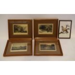 After Archibald Thorburn, group of four coloured prints, Bird studies, together with a silk work