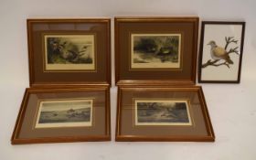 After Archibald Thorburn, group of four coloured prints, Bird studies, together with a silk work