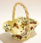 Zsolnay Pecs basket with intertwined handle and a floral design, 21cm long
