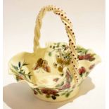 Zsolnay Pecs basket with intertwined handle and a floral design, 21cm long