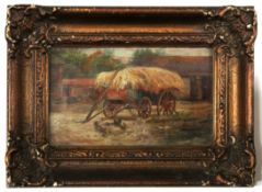 Early 20th century English School oil on panel, Farmyard with hay cart, 12 x 21cm