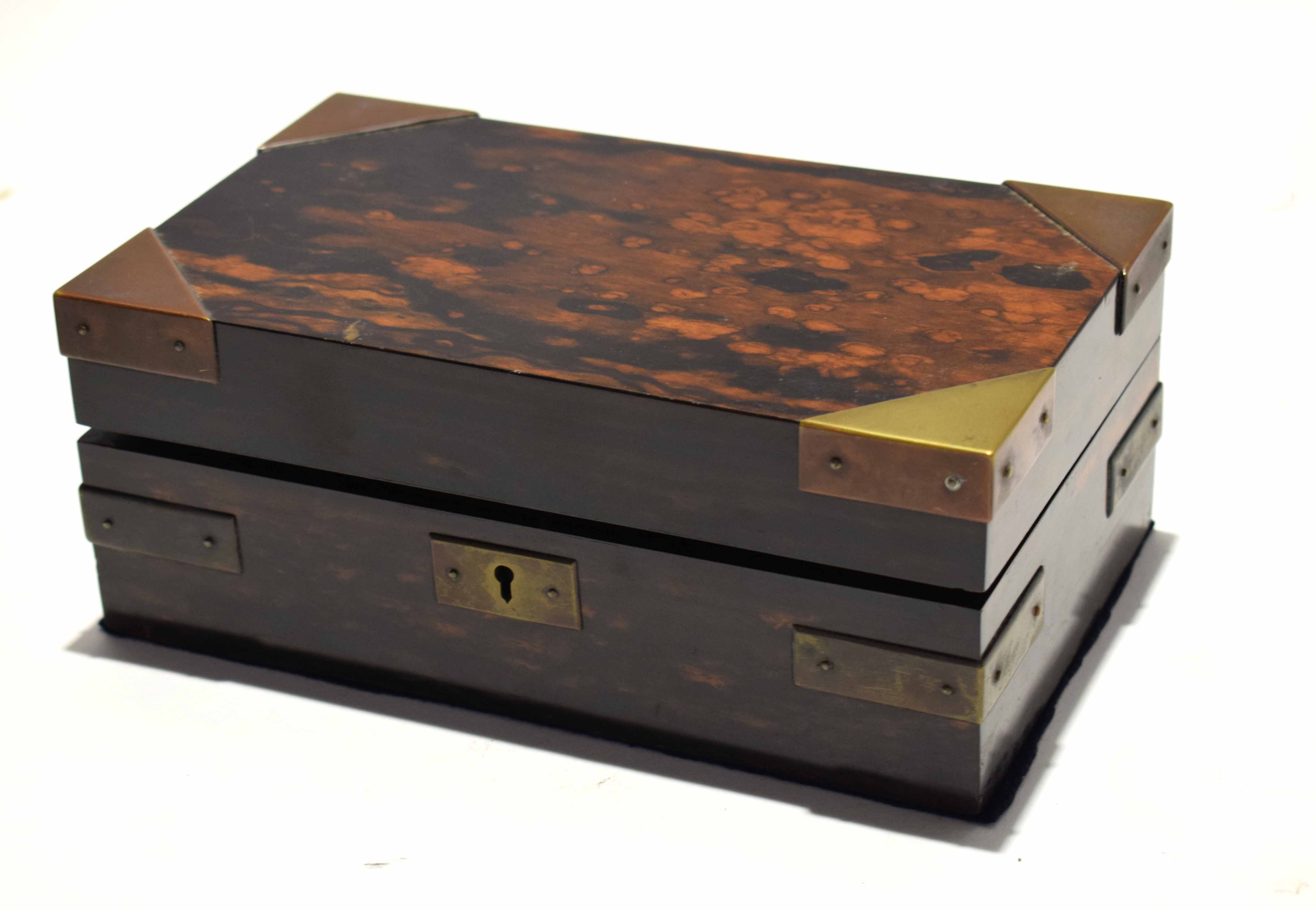 Good quality Coromandel wood box with brass corners and strapping with void interior, together - Image 2 of 4