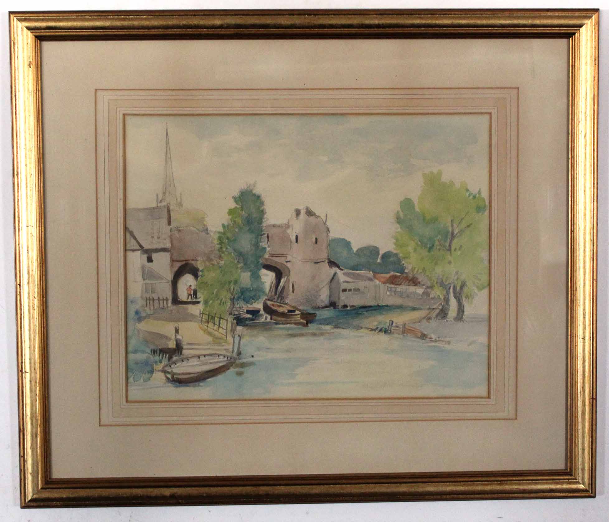 Arthur Edward Davies, RBA, RCA, signed pen, ink and watercolour, Pull's Ferry, 32 x 41cm