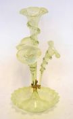 Victorian vaseline glass four flute epergne with crimped base, 50cm high
