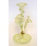 Victorian vaseline glass four flute epergne with crimped base, 50cm high