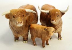 Group of John Beswick models of Longhorn cattle comprising a Longhorn bull, cow and heifer, the bull