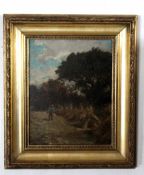 Attributed to Albert D Proctor, oil on board, Harvesting, 29 x 23cm