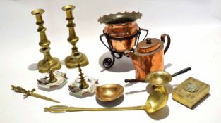 Box containing a pair of 19th century brass candlesticks, further 19th century brass ladle, a copper