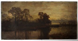Robert Gallon, signed and dated 33, oil on canvas, River landscape, 30 x 61cm (a/f) unframed