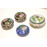 Group of four cloisonne circular boxes and covers with typical floral enamel decoration, (4)