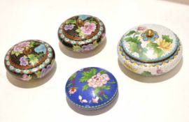 Group of four cloisonne circular boxes and covers with typical floral enamel decoration, (4)