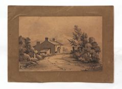 William Joy, Mountain landscape with cottage and road, sepia watercolour, 19 x 28cms, unframed