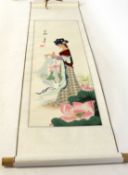 Oriental scroll watercolour of a lady in garden setting surrounded by lilies with black