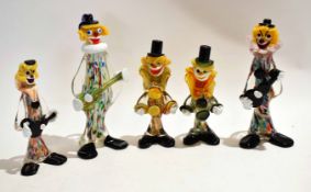 Group of Murano type clowns with Murano labels to base of one, all decorated in typical fashion