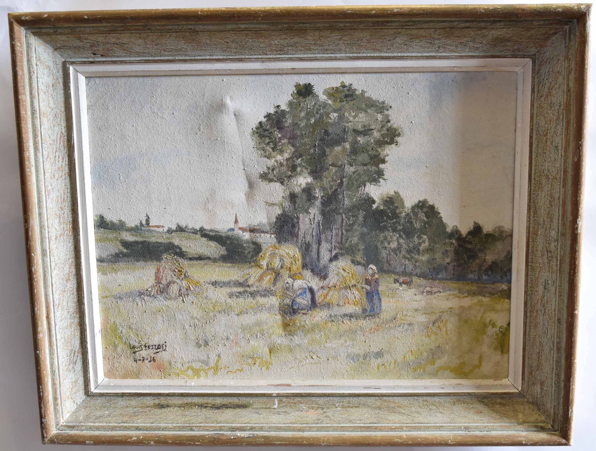 Louis Ferrari, signed and dated 4/7/56, oil on canvas, French hay field with workers, 45 x 60cms