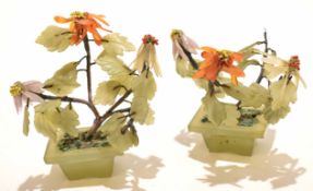 Two Chinese miniature trees with ceramic floral decoration