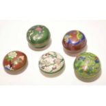 Group of five cloisonne boxes and covers of circular form, all with typical floral decoration (5)