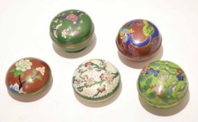 Group of five cloisonne boxes and covers of circular form, all with typical floral decoration (5)