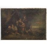 Circle of George Morland, oil on canvas, Figures with donkey and dog, 38 x 53cm (a/f) unframed