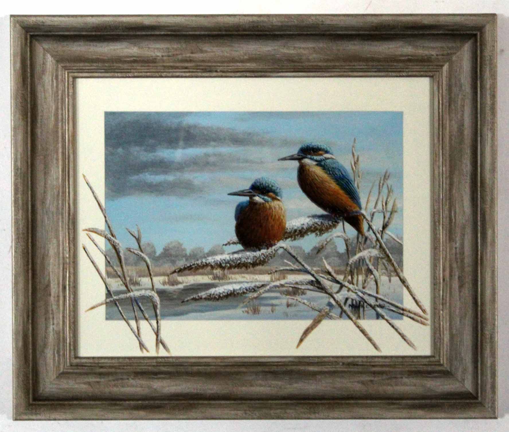 Mark Chester, signed acrylic, "Frosty Reeds - Kingfishers", 20 x 28cm