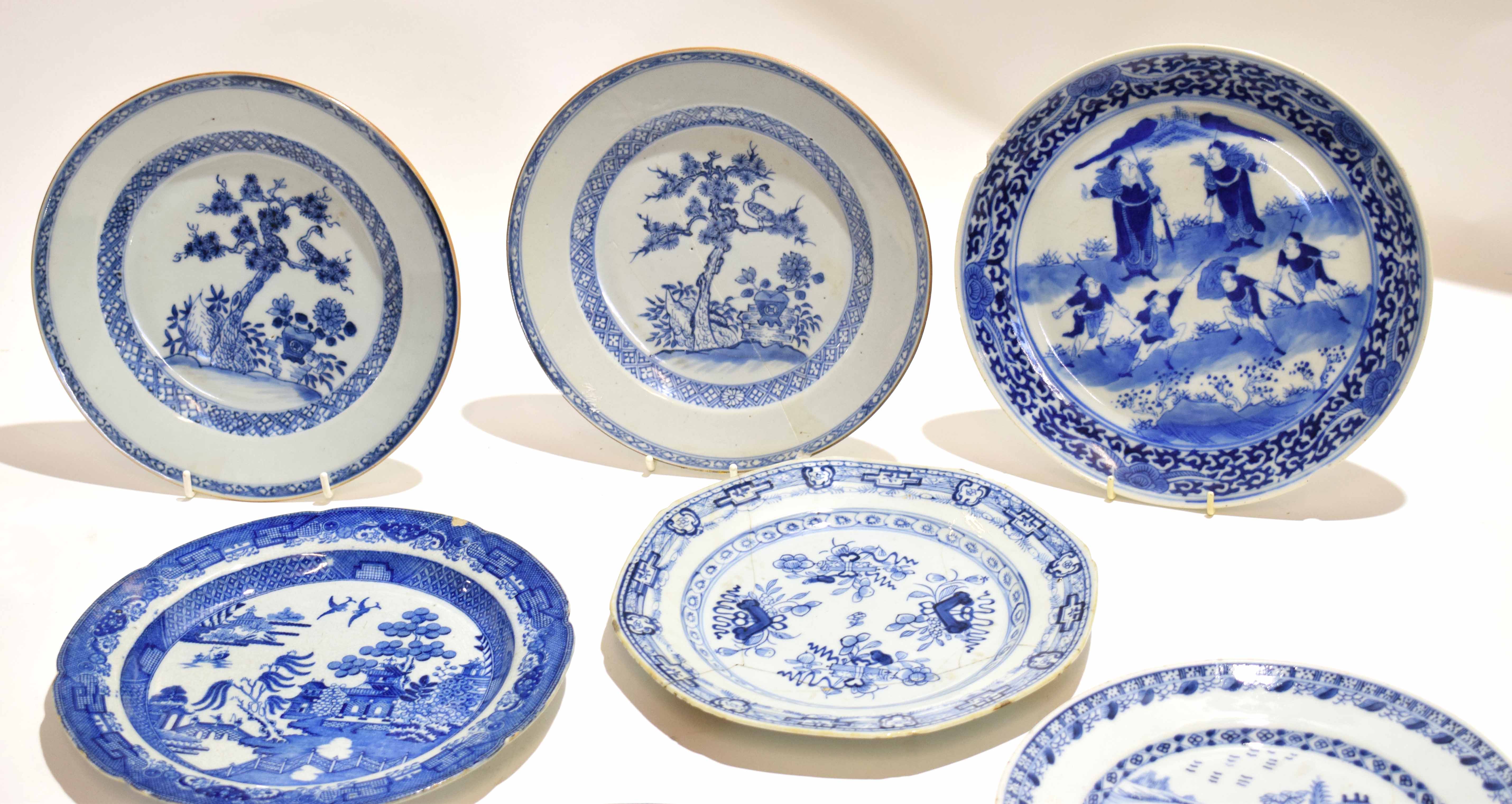 Group of five late 18th century Chinese porcelain plates with blue and white design, together with - Image 2 of 8