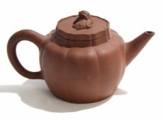 Yixing type red ware tea pot and cover, the cover with a dog of Fo finial and signature block to