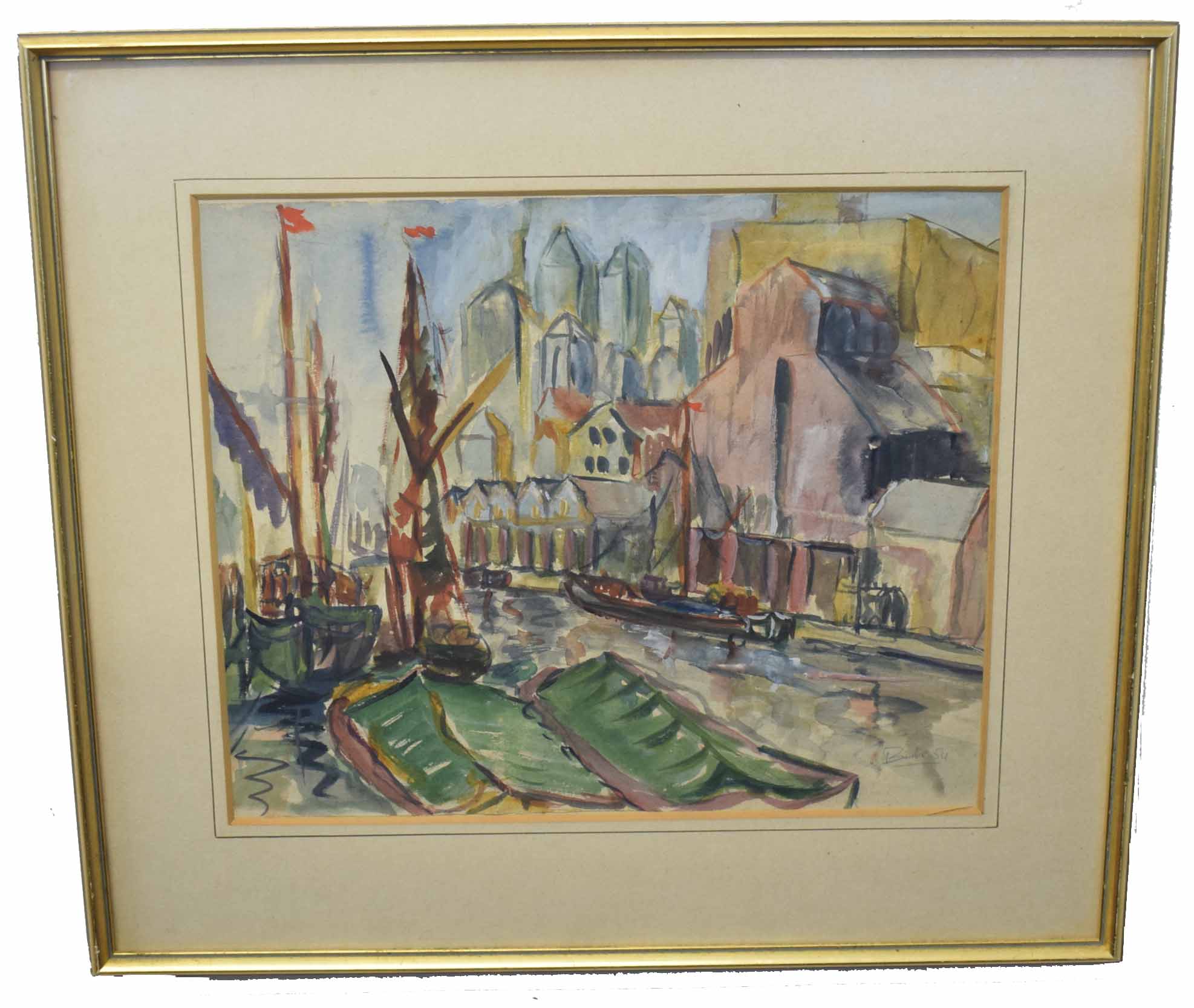 John Sandford Back, signed and dated 54, watercolour, Ipswich Docks, 28 x 34cm