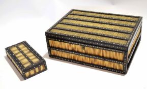 Good quality ebony and porcupine quill box with ivory inlay, fitted with ten lidded compartments